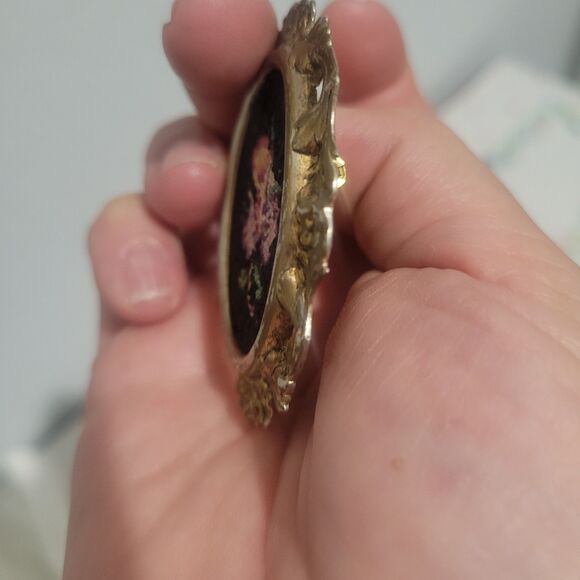 Vintage Petit Point Needlepoint Embroidered Floral Brooch Pin Flowers Black Gold - Picture 9 of 12